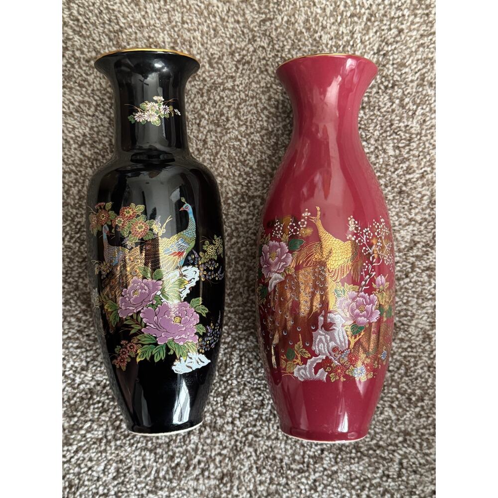 Set Of‎ 2 Imperial Made In Japan Red Black Peacock Floral Vases Gold Tone Accent - Picture 3 of 5